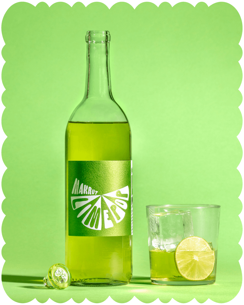 Makrut Limepop bottle and drink over ice
